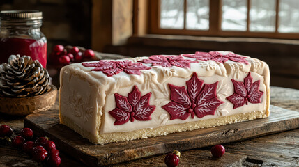 Delightful holiday dessert featuring beautifully decorated cake with red leaf patterns, perfect for festive gatherings and celebrations