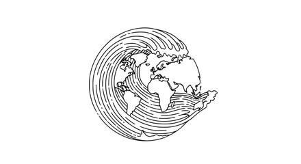 Linear Art World Map Enveloped by Concentric Waves