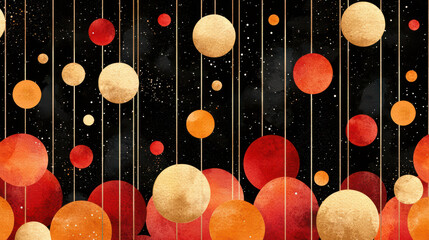Colorful circles shades of red, orange, and gold hang against black background, creating vibrant and dynamic pattern. This artwork evokes sense
