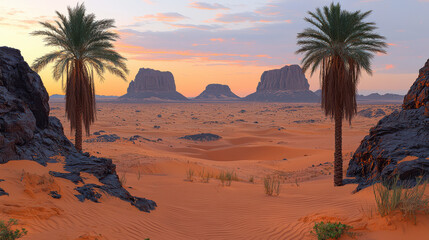 Stunning desert landscape featuring palm trees, rocky formations, and vast sand dunes colorful sky sunset. scene evokes sense of tranquility
