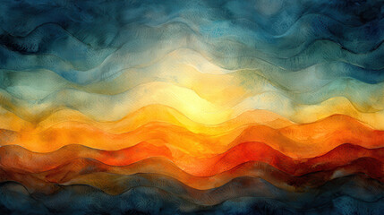 Vibrant watercolor waves in shades of blue, orange, and yellow create serene landscape, evoking sense of calm and tranquility