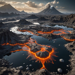 Volcanic Alien World with Molten Silver Rivers, Robotic Lifeforms, and Floating Islands in a Futuristic Sci-Fi Fantasy Planetary Landscape

