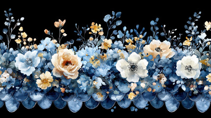 Beautiful floral arrangement with blue and white flowers, delicate leaves, and fish scale pattern on black background, creating elegant design