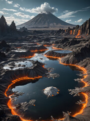 Volcanic Alien World with Molten Silver Rivers, Robotic Lifeforms, and Floating Islands in a Futuristic Sci-Fi Fantasy Planetary Landscape

