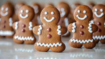Gingerbread cookies with cheerful faces and decorative icing stand in row, evoking festive and joyful atmosphere