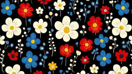 Bright floral pattern featuring red, blue, and white flowers on black background, creating vibrant and cheerful design