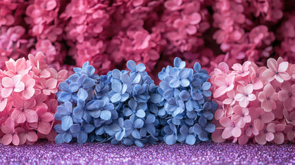 Beautiful floral arrangements in shades of pink and blue create vibrant backdrop, perfect for adding touch of elegance and charm