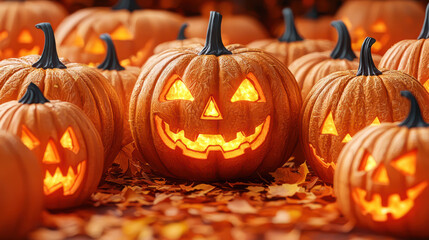 Pumpkins Halloween decoration glowing faces autumn leaves festive atmosphere. Perfect for seasonal celebrations and spooky vibes