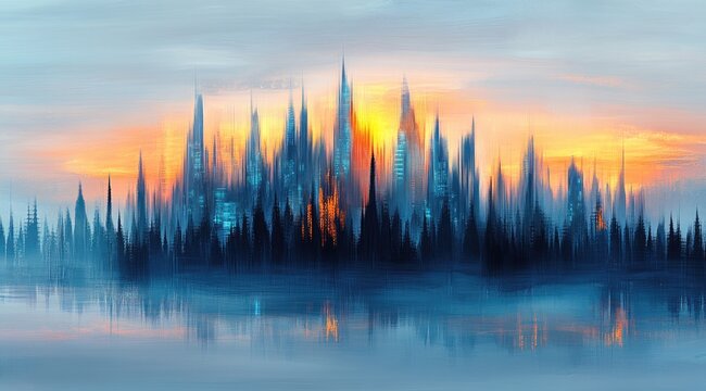 Futuristic city skyline at sunset, reflected in a misty lake - Powered by Adobe
