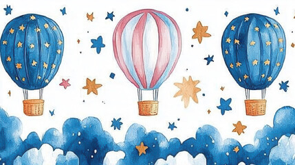 Colorful hot air balloons in whimsical sky with stars and clouds create dreamy atmosphere. Perfect for creative projects