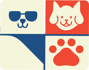 Modern abstract design featuring dogs, cats, and paw prints in a creative arrangement