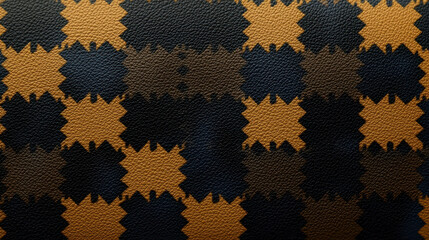 Textured fabric featuring houndstooth pattern in dark blue, brown, and mustard yellow colors, perfect for stylish design projects