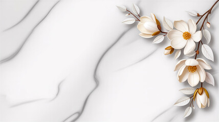 A minimalist floral design on a white marble-textured background