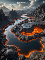 Volcanic Alien World with Molten Silver Rivers, Robotic Lifeforms, and Floating Islands in a Futuristic Sci-Fi Fantasy Planetary Landscape


