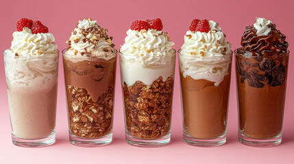 Delicious ice cream desserts in tall glasses topped with whipped cream, chocolate, and raspberries create delightful treat