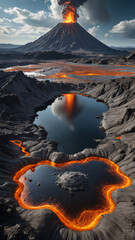 Volcanic Alien World with Molten Silver Rivers, Robotic Lifeforms, and Floating Islands in a Futuristic Sci-Fi Fantasy Planetary Landscape

