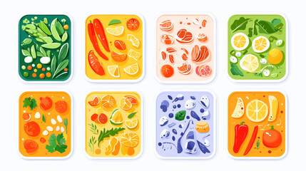 Fototapeta premium Colorful Arrangement of Fresh Fruits and Vegetables on Flat Surface with Vibrant Backgrounds