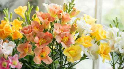 Pastel freesia flower bouquet springtime floral arrangement