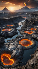 Volcanic Alien World with Molten Silver Rivers, Robotic Lifeforms, and Floating Islands in a Futuristic Sci-Fi Fantasy Planetary Landscape

