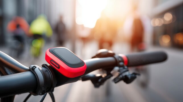 Close Up View of a Red Smartwatch on a Bicycle Handlebar with Cyclists in the Background During Sunset - Powered by Adobe