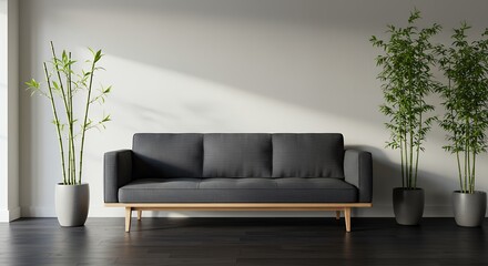 Modern minimalist gray sofa in bright interior living room