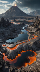 Volcanic Alien World with Molten Silver Rivers, Robotic Lifeforms, and Floating Islands in a Futuristic Sci-Fi Fantasy Planetary Landscape

