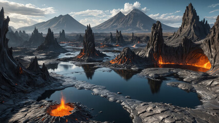 Volcanic Alien World with Molten Silver Rivers, Robotic Lifeforms, and Floating Islands in a Futuristic Sci-Fi Fantasy Planetary Landscape


