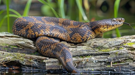 Naklejka premium Serene Snake on Water Log