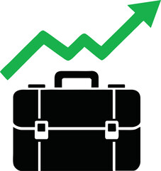 Minimalist vector icon of a business briefcase with an upward arrow chart overlay, flat design, white background, modern color palette, perfect for stock illustrations