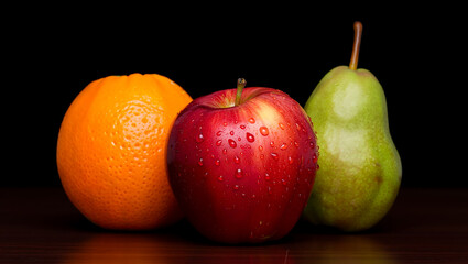 Fresh orange, red apple, and green pear arranged on a dark wooden surface with a black background, showcasing their vibrant colors and textures