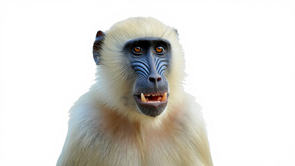 Obraz premium Portrait of a mandrill monkey isolated on white background, showing its teeth and colorful face in a close-up shot