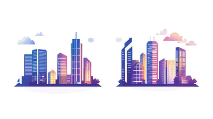 Obraz premium Colorful Modern City Skyline with Skyscrapers Under a Sunset Sky and Soft Clouds