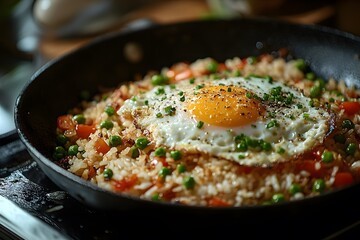 Fried Egg on Rice Dish with Vegetables in Cast Iron Skillet
