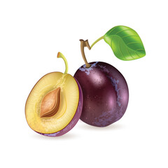 Plum fruit with slices isolated on white background