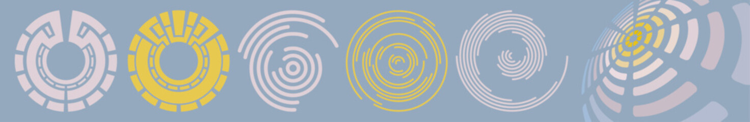 The circle is divided into 8 equal sectors or segments. Sound signal. Circular elements made of lines with rotating effect. Design element with swirls. Vector for cover, business, tech or science.