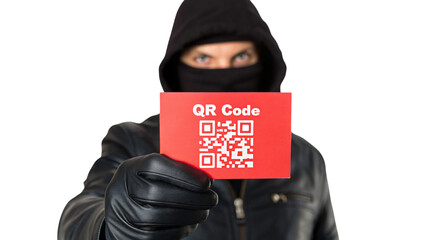 thief with mask holding dangerous QR code