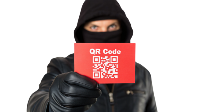 thief with mask holding dangerous QR code