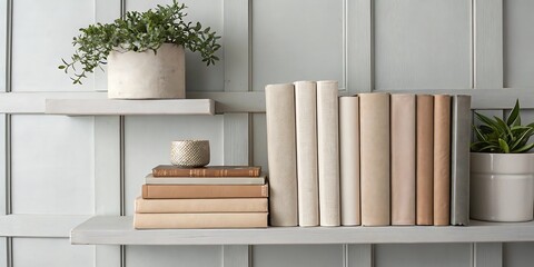 Neutral colored books and plants arranged on a gray wooden shelf against a light gray wall