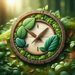 Nature-inspired eco clock with wood and green leaves perfect for earth day campaigns eco branding or sustainability content