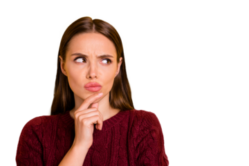 Close up photo of attractive charming pretty cute girl touching her chin while pondering over something being isolated with yellow background