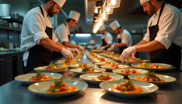 Restaurant chefs preparing multiple gourmet plates for fine dining service