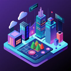 Mobile phone displaying an isometric city skyline illustration with urban buildings and technology