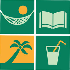 Relaxing summer vacation icons depicting palm tree book drink and hammock