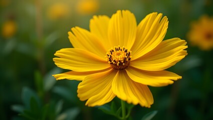 Obraz premium Majestic Yellow Cosmos Flower, takes center stage, its delicate yet vibrant petals unfolding like a bright sun