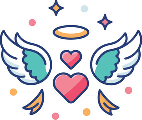 Romantic angelic wings and hearts graphic with sparkling accents on transparent background