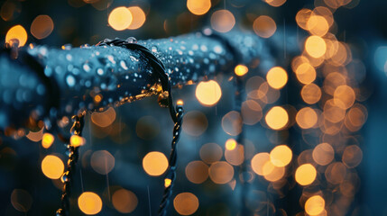 Water drops on metal pipe with warm bokeh lights
