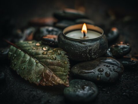 Mystische Kerze mit Tautropfen auf Blatt und Steinen