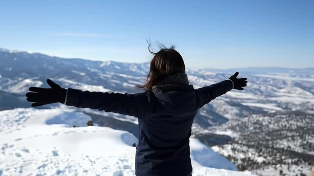 Mountain Top Freedom: Woman Embracing Winter Landscape