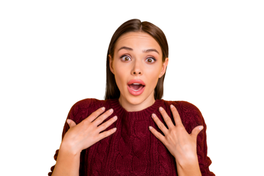 Photo of cheerful cute beautiful girl advertising herself waiting for someone to pay attention to her while isolated with yellow background