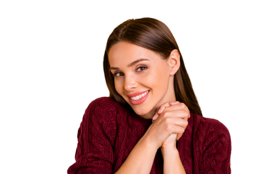 Close up photo of cute charming enjoying girl looking into camera while isolated with yellow background